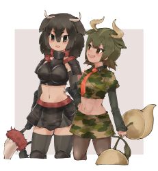 Rule 34 | 2girls, american bison (kemono friends), animal ears, arm at side, armor, armored skirt, arms at sides, aurochs (kemono friends), big hair, black eyes, black hair, black legwear, breastplate, brown eyes, brown hair, brown legwear, camouflage, camouflage shirt, camouflage skirt, collared shirt, cow ears, cow girl, cow horns, cow tail, cropped shirt, elbow gloves, empty eyes, extra ears, gauntlets, gloves, green hair, hair between eyes, hand on own hip, height difference, holding, holding weapon, horizontal pupils, horn lance, horns, kemono friends, layered sleeves, long sleeves, looking at another, medium hair, midriff, miniskirt, multicolored hair, multiple girls, navel, necktie, open mouth, pantyhose, polearm, print shirt, print skirt, red neckwear, shirt, short over long sleeves, short sleeves, shoulder armor, side-by-side, skirt, smile, stomach, tail, tan, tatsuno newo, teeth, thighhighs, toned, upper teeth only, v-shaped eyebrows, weapon, wing collar, zettai ryouiki