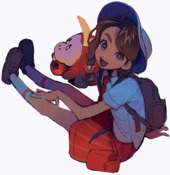 Rule 34 | 1girl, backpack, bag, black footwear, braid, brown hair, collarbone, commentary, creatures (company), female focus, from above, fuecoco, full body, game freak, hand on own knee, highres, juliana (pokemon), looking at viewer, looking up, necktie, nintendo, orange necktie, orange shorts, pokemon, pokemon (creature), pokemon sv, shirt, shorts, side braid, simple background, smile, solo focus, striped clothes, striped shorts, symbol-only commentary, thxzmgn, vertical-striped clothes, vertical-striped shorts, white background, white headwear, white shirt