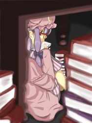 Rule 34 | 1girl, blurry, book, depth of field, dress, glasses, highres, open book, patchouli knowledge, peeking, purple hair, ramnik5, reading, solo, striped clothes, striped dress, touhou, under table