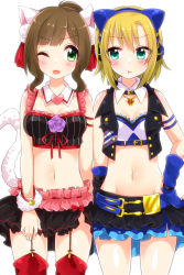 Rule 34 | 10s, 2girls, :t, animal ear headphones, animal ears, armlet, bad id, bad pixiv id, bare shoulders, blush, brown hair, cat ear headphones, cat ears, cat tail, collar, crop top, crown, detached collar, fake animal ears, frilled skirt, frills, garter straps, green eyes, headphones, idolmaster, idolmaster cinderella girls, jewelry, maekawa miku, multiple girls, navel, necklace, one eye closed, pout, red legwear, short hair, skirt, tada riina, tail, thighhighs, tongue, tongue out, trente