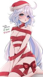 Rule 34 | 1girl, :o, absurdres, ahoge, barefoot, blue hair, breasts, commentary, furina (genshin impact), genshin impact, hat, highres, long hair, looking at viewer, multicolored hair, naked ribbon, navel, nemuaki, red hat, red ribbon, ribbon, santa hat, seiza, simple background, sitting, small breasts, solo, stomach, streaked hair, thighs, very long hair, white background, white hair