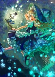Rule 34 | 1girl, ama-tou, apron, blonde hair, bow, braid, broom, faux traditional media, female focus, frills, gathers, glowing, hair bow, hand on headwear, hat, highres, kirisame marisa, lantern, light, long hair, mary janes, open mouth, petticoat, shoes, smile, solo, star (symbol), touhou, waist apron, witch hat, yellow eyes