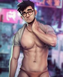 Rule 34 | &gt; o, 1boy, abs, bara, bare pectorals, beard, black hair, blurry, blurry background, briefs, chest hair, closed mouth, clothes lift, facial hair, glasses, hand on own neck, highres, jewelry, large pectorals, looking at viewer, male focus, male underwear, muscular, muscular male, navel, necklace, nerdyart1, night, one eye closed, original, outdoors, pectorals, red male underwear, shirt, shirt behind neck, shirt lift, short hair, sideburns, solo, thick eyebrows, underwear, white shirt