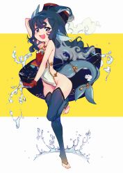 Rule 34 | 1girl, arm up, ass, black eyes, black hair, black thighhighs, blush, creatures (company), fang, full body, game freak, gen 1 pokemon, gloves, grey hair, highres, long hair, looking at viewer, niniidawns, nintendo, open mouth, personification, pokemon, red gloves, skin fang, smile, solo, tail, thick eyebrows, thighhighs, toeless legwear, vaporeon