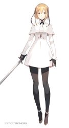 Rule 34 | 1girl, black gloves, blonde hair, capelet, closed mouth, dress, full body, gloves, grey pantyhose, highres, holding, holding sword, holding weapon, km yama, long sleeves, looking at viewer, multicolored hair, orange eyes, original, pantyhose, simple background, solo, streaked hair, sword, weapon, white background, white capelet, white dress