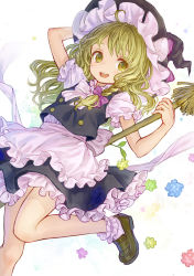 Rule 34 | 1girl, ama-tou, apron, blonde hair, braid, broom, candy, flower, frills, hand on headwear, hat, highres, kirisame marisa, konpeitou, loafers, open mouth, puffy short sleeves, puffy sleeves, shirt, shoes, short sleeves, single braid, skirt, skirt set, smile, solo, touhou, vest, waist apron, witch hat, yellow eyes
