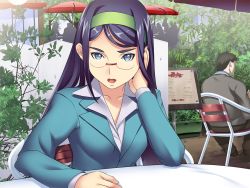 Rule 34 | 1girl, adjusting hair, blue eyes, blue hair, breasts, chair, collarbone, formal, game cg, glasses, hairband, long hair, looking at viewer, looking over eyewear, open mouth, plant, restaurant, serious, sitting, small breasts, solo focus, suit, suzuki mei, table, talking, urawaza spectrum