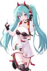 Rule 34 | 1girl, absurdres, aqua eyes, aqua hair, asymmetrical sleeves, bad id, bad twitter id, bare shoulders, black gloves, commentary, detached sleeves, dress, fingerless gloves, gloves, goodsmile racing, hand on headphones, hands up, hatsune miku, headphones, headset, highres, index finger raised, leg armor, leg tattoo, leg up, logo, long hair, looking at viewer, min5526, pouch, racing miku, racing miku (2020), single detached sleeve, sleeveless, sleeveless dress, smile, solo, sports bra, standing, strapless, strapless dress, tattoo, twintails, uneven sleeves, very long hair, vocaloid, white background, white dress, white sleeves