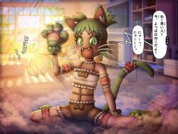 Rule 34 | 1girl, aged down, animal ears, cat ears, cat girl, cat tail, child, clothes, dress, fangs, fog, gloves, green eyes, green hair, hiragana, indoors, japanese text, kanji, kneeling, koiwai yotsuba, looking at another, sitting, slit pupils, smile, solo, sound effects, speech bubble, steam, tail, talking, vrabo, waving arm, whiskers, yotsubato!