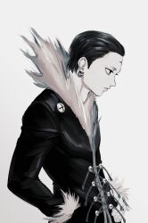 Rule 34 | 1boy, absurdres, black eyes, black hair, black jacket, chrollo lucilfer, commentary request, earrings, hair slicked back, hand in pocket, highres, hunter x hunter, jacket, jewelry, looking ahead, male focus, short hair, simple background, smnsutycoc, solo