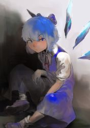 Rule 34 | 1girl, blue bow, blue dress, blue eyes, blue footwear, blue hair, bow, cirno, closed mouth, dress, hair bow, highres, ice, ice wings, neck ribbon, pazuu, red ribbon, ribbon, short hair, short sleeves, sitting, socks, solo, touhou, white socks, wings