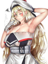 Rule 34 | 1girl, absurdres, armpits, belt, beret, blonde hair, blue eyes, breasts, cleavage, dress, gloves, hair between eyes, hat, highres, kantai collection, kome cola, large breasts, long hair, looking at viewer, mole, mole under eye, mole under mouth, multicolored clothes, multicolored dress, multicolored gloves, one eye closed, pom pom (clothes), richelieu (kancolle), simple background, solo, steam, strapless, strapless dress, sweat, very long hair, wet, wet clothes, white background