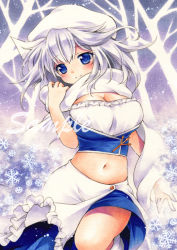 Rule 34 | 1girl, bad id, bad pixiv id, blue eyes, blush, bow, breasts, funnyfunny, hat, hat bow, large breasts, letty whiterock, navel, sample watermark, scarf, snowflakes, solo, touhou, watermark, white hair, white scarf