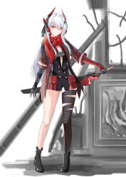 Rule 34 | 1girl, absurdres, alpha (punishing: gray raven), bandaged leg, bandages, black bandages, black shirt, dog tags, elizi, full body, gradient jacket, hair between eyes, hair ornament, headgear, headphones, highres, holding, holding sword, holding weapon, jacket, long hair, looking at viewer, lucia: crimson abyss (punishing: gray raven), mechanical arms, open clothes, open jacket, open shirt, pouch, punishing: gray raven, red scarf, scarf, sheath, sheathed, shirt, sidelocks, single bare leg, solo, sword, weapon, white hair