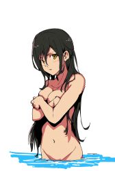 Rule 34 | 1girl, absurdres, bad id, bad twitter id, black hair, blush, breasts, cleavage, collarbone, covering privates, covering breasts, embarrassed, highres, long hair, looking at viewer, medium breasts, morag ladair (xenoblade), navel, nintendo, nude, poteto (potetosarada123), simple background, smile, solo, water, white background, xenoblade chronicles (series), xenoblade chronicles 2, yellow eyes