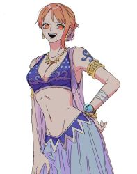 Rule 34 | 1girl, arabian clothes, armlet, bangle, bracelet, breasts, commentary request, cowboy shot, earrings, hand on own hip, hdksz 39, highres, jewelry, log pose, looking at viewer, midriff, nami (one piece), navel, necklace, one piece, open mouth, orange hair, short hair, shoulder tattoo, smile, solo, tattoo, white background