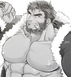 Rule 34 | 1boy, :d, abs, bara, bare pectorals, beard, cigar, ded (housamo), facial hair, forked eyebrows, fur-trimmed jacket, fur trim, harada (basashi), jacket, large pectorals, male focus, mature male, muscular, muscular male, nipples, official alternate costume, open mouth, pectorals, portrait, short hair, smile, smirk, solo, tokyo houkago summoners, upper body