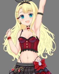 Rule 34 | 1girl, :3, :d, arm strap, arm up, armpits, bare arms, bare shoulders, belt, black choker, black skirt, blonde hair, blue eyes, bow, braid, breasts, choker, crop top, earrings, frilled shirt, frills, gold trim, grey background, hair ribbon, hand up, highleg, jewelry, long hair, looking at viewer, midriff, miniskirt, mononobe alice, mononobe alice (10th costume), navel, nijisanji, open mouth, pleated skirt, radral, red bow, red shirt, ribbon, shirt, simple background, skirt, sleeveless, sleeveless shirt, small breasts, smile, solo, spaghetti strap, stomach, studded belt, unfinished, upper body, virtual youtuber, wristband