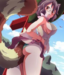 Rule 34 | 1girl, animal ears, ass, blush, bracelet, breasts, brown eyes, brown hair, cloud, dutch angle, from behind, futatsuiwa mamizou, highres, jewelry, large breasts, leaf, looking at viewer, nioti, open mouth, panties, raccoon ears, short hair, skirt, sky, surprised, tail, tank top, tanuki, thick thighs, thighs, touhou, underwear