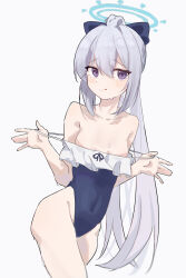 Rule 34 | 1girl, absurdres, black leotard, blue archive, blue halo, breasts, grey hair, halo, highres, leotard, medium breasts, miyako (blue archive), miyako (swimsuit) (blue archive), one-piece swimsuit, ponytail, simple background, solo, sweat, swimsuit, thigh gap, white background, xsan