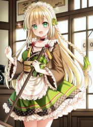 Rule 34 | 1girl, absurdres, ahoge, apron, black choker, blonde hair, blush, braid, breasts, broom, brown dress, choker, cleavage, collarbone, commentary request, cowboy shot, dress, frilled apron, frilled dress, frilled skirt, frills, green dress, green eyes, green ribbon, green skirt, hair ornament, hair ribbon, hara (xper8243), highres, holding, holding broom, indoors, long hair, long sleeves, looking at viewer, maid, maid apron, maid headdress, medium breasts, open mouth, original, red ribbon, ribbon, side braid, skirt, small breasts, smile, solo, very long hair, waist apron, white apron, wide sleeves