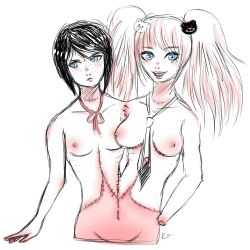Rule 34 | 2girls, amputee, arms at sides, bare arms, bare hips, bare shoulders, bare stomach, bear hair ornament, between breasts, black hair, black necktie, blonde hair, blue eyes, blush, bow, bowtie, breasts, closed mouth, collarbone, completely nude, conjoined, cropped torso, danganronpa: trigger happy havoc, danganronpa (series), enoshima junko, female focus, freckles, groin, hair ornament, ikusaba mukuro, kissmekoko, large breasts, limited palette, looking at viewer, looking down, looking to the side, medium hair, missing arm, missing hand, multicolored necktie, multiple girls, navel, neck ribbon, necktie, necktie between breasts, nipples, nude, open mouth, pink lips, red bow, red ribbon, ribbon, sewn together, short hair, siblings, signature, simple background, sisters, sketch, small breasts, stitched arm, stitched hand, stitched neck, stitched torso, stitches, teeth, tsurime, twins, twintails, upper body, upper teeth only, white background, white hair, white necktie