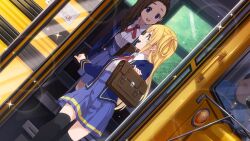 Rule 34 | 22/7, 22/7 ongaku no jikan, 2girls, bag, black thighhighs, blonde hair, blue eyes, blue jacket, blue skirt, blurry, bow, brown bag, brown hair, bus, collared shirt, depth of field, dutch angle, fujima sakura, game cg, hair ornament, highres, jacket, lens flare, long hair, long sleeves, looking at another, motor vehicle, multiple girls, non-web source, official art, open mouth, over-kneehighs, pleated skirt, purple eyes, red bow, school bag, school bus, school uniform, shirt, sidelocks, single hair ring, skirt, smile, sparkle, teeth, thighhighs, upper teeth only, white shirt