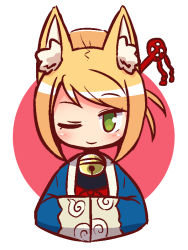 Rule 34 | 1girl, 7th dragon, 7th dragon (series), ;), animal ear fluff, animal ears, bell, blonde hair, blush, closed mouth, folded ponytail, fox ears, green eyes, hair ornament, hands in opposite sleeves, haori, japanese clothes, jingle bell, long sleeves, looking at viewer, naga u, namuna (7th dragon), one eye closed, pink background, samurai (7th dragon), samurai (7th dragon), sidelocks, smile, solo, swept bangs, two-tone background, white background