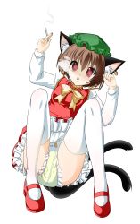 Rule 34 | 1girl, absurdres, animal ears, brown eyes, brown hair, cat ears, cat girl, cat tail, chen, cigarette, diaper, female focus, full body, hat, highres, incredibly absurdres, multiple tails, peeing, peeing self, shoes, smoking, solo, tail, thighhighs, touhou, transparent background