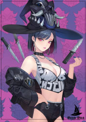 Rule 34 | 1girl, armpits, bare shoulders, black choker, black hair, black hat, black jacket, black shorts, blue nails, breasts, choker, cleavage, commentary, cowboy shot, crop top, daeho cha, earrings, english commentary, hat, highleg shorts, highres, hoop earrings, jacket, jewelry, knife, lipstick, looking at viewer, makeup, medium breasts, midriff, multicolored hair, nail polish, open clothes, open jacket, original, parted lips, pink eyes, pink lips, pink nails, purple hair, short hair, shorts, solo, two-tone hair, witch hat