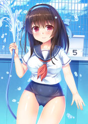 Rule 34 | 1girl, blue bow, blue hairband, blue one-piece swimsuit, blue sailor collar, blue sky, blush, bow, breasts, brown hair, closed mouth, cloud, cloudy sky, collarbone, commentary request, covered navel, day, fingernails, gluteal fold, hair between eyes, hair bow, hairband, highres, holding, holding hose, hose, indoors, large breasts, long hair, neckerchief, old school swimsuit, one-piece swimsuit, original, pool, red eyes, red neckerchief, sailor collar, school swimsuit, school uniform, serafuku, shirt, short sleeves, sky, smile, solo, swimsuit, swimsuit under clothes, umitonakai, water, white shirt, window