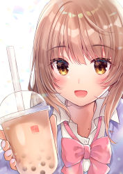 Rule 34 | 1girl, :d, blazer, blush, bow, brown eyes, brown hair, bubble tea, collared shirt, commentary request, cup, disposable cup, dress shirt, fingernails, gyozanuko, hair between eyes, highres, holding, holding cup, jacket, long hair, looking at viewer, mole, nail polish, open mouth, original, pink bow, pink nails, purple jacket, school uniform, shirt, sidelocks, simple background, smile, solo, white background, white shirt