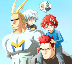 Rule 34 | 4boys, :d, aged down, all might, black sclera, blonde hair, blue background, blue eyes, boku no hero academia, carrying, child, closed mouth, colored sclera, dabi (boku no hero academia), endeavor (boku no hero academia), facial hair, father and son, gradient background, grin, highres, looking at another, mole, mole under mouth, multiple boys, open mouth, piggyback, red hair, shigaraki tomura, shirt, short hair, short sleeves, smile, spoilers, stubble, teeth, trevo (trevoshere), white shirt, yagi toshinori