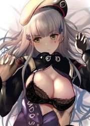 Rule 34 | 1girl, bed sheet, beret, black bra, black gloves, black headwear, blunt bangs, blush, bra, grabbing another&#039;s breast, breasts, cleavage, closed mouth, from above, girls&#039; frontline, gloves, goggles, goggles around neck, grabbing, green eyes, hair ornament, hat, highres, hk416 (girls&#039; frontline), holding another&#039;s wrist, holding hands, interlocked fingers, jacket, large breasts, long sleeves, looking back, looking to the side, lying, on back, open clothes, open jacket, pov, purple jacket, shrug (clothing), silver hair, solo focus, take (trude1945oneetyan), underwear, upper body