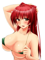 Rule 34 | 1girl, arm behind head, arm up, bikini, bikini pull, blush, breasts, brown eyes, clothes pull, colorized, covered erect nipples, flashing, highres, kousaka tamaki, large breasts, long hair, looking at viewer, loussier666, micro bikini, naughty face, nipple slip, nipples, open mouth, pulling own clothes, red hair, shiny skin, simple background, skindentation, smile, solo, sweat, swimsuit, to heart, to heart (series), to heart 2, upper body, white background