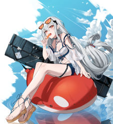 Rule 34 | 1girl, absurdres, amian-a, arknights, bare legs, bare shoulders, black choker, blue shorts, blue sky, breasts, brown footwear, chinese commentary, choker, cleavage, cloud, commentary, eating, eyewear on head, food, full body, hair between eyes, hair ornament, hat, highres, holding, holding food, inflatable orca, inflatable toy, long hair, looking at viewer, low-tied long hair, medium breasts, navel, no headwear, official alternate costume, orca hair ornament, popsicle, red eyes, reflection, sandals, shirt, shorts, sitting, sitting on object, skadi (arknights), skadi (waverider) (arknights), sky, solo, sunglasses, swimsuit, thigh strap, thighs, water, weapon case, white background, white shirt