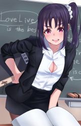 Rule 34 | 1girl, :d, black jacket, black skirt, board eraser, book, breasts, bursting breasts, chalkboard, cleavage, collared shirt, english text, hair ornament, hair scrunchie, hand on own hip, highres, holding, igarashi kyouhei, jacket, kazuno sarah, leaning forward, long hair, looking at viewer, love live!, love live! sunshine!!, miniskirt, one side up, open book, open clothes, open jacket, open mouth, pink eyes, purple hair, round teeth, scrunchie, shirt, skirt, smile, solo, teeth, upper teeth only, white shirt, wing collar