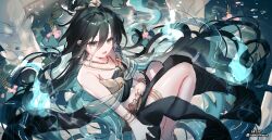 Rule 34 | 1girl, algorhythm project, artist name, black hair, breasts, crop top, evalia (algorhythm project), green eyes, green hair, highres, kongka (endless echo), long hair, midriff, multicolored hair, nekomeen, open mouth, small breasts, solo, thai clothes, very long hair, virtual youtuber