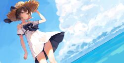Rule 34 | 1girl, aruka, blue sky, brown eyes, brown hair, cloud, day, dress, hand on headwear, hands on headwear, hat, headgear, highres, kantai collection, looking at viewer, ocean, outdoors, short hair, sky, smile, solo, spaghetti strap, standing, straw hat, sun hat, sundress, water, white dress, yukikaze (kancolle)
