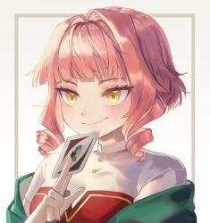 Rule 34 | 1girl, blunt bangs, blush, card, drill hair, gtcockroach, hair intakes, highres, holding, holding card, looking ahead, off shoulder, original, pink hair, short hair, short sleeves, smile, solo, uno (game), yellow eyes