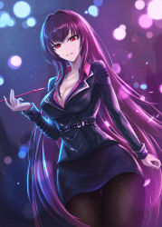 Rule 34 | 1girl, adapted uniform, alternate costume, black jacket, blazer, breasts, brown pantyhose, cleavage, fate/grand order, fate (series), gae bolg (fate), highres, jacket, long hair, long sleeves, looking at viewer, pantyhose, pencil skirt, purple hair, red eyes, red shirt, scathach (fate), scathach (true crimson spear trainer) (fate), shirt, skirt, skyde kei, smile, solo, unbuttoned, unbuttoned shirt, undershirt, very long hair