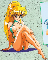 Rule 34 | 1980s (style), 1girl, absurdres, blonde hair, breasts, cleavage, artistic error, highres, large breasts, long legs, looking at viewer, mon-mon (miyazaki kenjin), mon mon, official art, retro artstyle, red eyes, retro artstyle, sitting, slingshot swimsuit, solo, swimsuit, tan