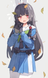 Rule 34 | 1girl, absurdres, ahoge, animal ears, black gloves, blue archive, blue serafuku, blunt bangs, blush, bright pupils, fake animal ears, falling leaves, gloves, green neckerchief, grey background, halo, highres, leaf, long hair, looking at viewer, miyu (blue archive), neckerchief, nervous, open mouth, pantyhose, pleated skirt, rabbit ears, red eyes, school uniform, serafuku, sidelocks, simple background, skirt, solo, straight hair, taht (that is mm), teardrop, white pantyhose, white pupils
