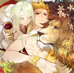 Rule 34 | 2boys, alcohol, androgynous, blonde hair, bracelet, chalice, cup, earrings, enkidu (fate), fate/stay night, fate/strange fake, fate/zero, fate (series), gilgamesh (fate), green hair, hair between eyes, jewelry, lion, long hair, male focus, multiple boys, necklace, official alternate costume, red eyes, shishio (shishio5431), toga, topless male, trap, wine