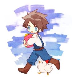 Rule 34 | 1boy, animal, belt, bird, blue eyes, blue overalls, blue sky, boots, box, brown footwear, brown hair, carrying, chibi, chicken, cloud, cloudy sky, commentary, day, full body, leather belt, long sleeves, lowres, male focus, mgomurainu, open mouth, original, outdoors, overalls, running, shirt, short hair, sky, solid circle eyes, solo, stardew valley, white shirt