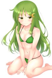 Rule 34 | 1girl, bare shoulders, between legs, bikini, blush, breasts, collarbone, crescent, crescent pin, green bikini, green eyes, green hair, hair ornament, hand between legs, hands on floor, highres, kantai collection, light smile, looking at viewer, nagatsuki (kancolle), navel, nendoroya, simple background, sitting, small breasts, solo, spaghetti strap, swimsuit, wariza, white background