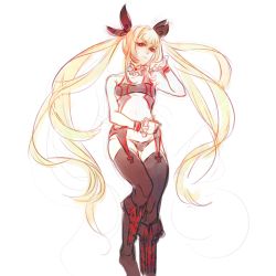 Rule 34 | 1girl, black panties, black thighhighs, blazblue, blonde hair, boots, center opening, chibibro, cross-laced footwear, flat chest, garter straps, hair ribbon, highres, knee boots, lace-up boots, long hair, panties, rachel alucard, red eyes, revealing clothes, ribbon, sketch, solo, thighhighs, twintails, underwear, very long hair, wrist cuffs