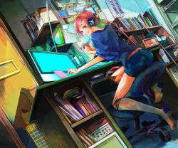 Rule 34 | 1girl, :d, bookshelf, chair, desk, dutch angle, from below, hair up, headphones, looking back, manpen, monitor, oekaki musume, office chair, open mouth, original, pink hair, room, shorts, sitting, smile, solo, stylus, swivel chair