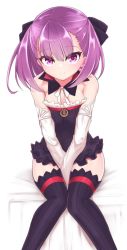 Rule 34 | 1girl, bare shoulders, between legs, black dress, black ribbon, black thighhighs, blush, breasts, chawan (yultutari), closed mouth, detached collar, detached sleeves, dress, fate/grand order, fate (series), frills, hair ribbon, hand between legs, helena blavatsky (fate), highres, looking at viewer, puffy sleeves, purple eyes, purple hair, ribbon, short dress, short hair, simple background, sitting, small breasts, smile, solo, strapless, strapless dress, thighhighs, thighs, white background