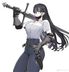 Rule 34 | 1girl, absurdres, anachronism, belt, black eyes, black gloves, black hair, black mask, breasts, brown belt, cleavage, commentary, cowboy shot, dagger, ear piercing, elbow gloves, gauntlets, gloves, greatsword, grey pants, hair ornament, hairclip, high-waist pants, highres, holding, holding sword, holding weapon, jun (navigavi), knife, large breasts, light smile, long hair, looking at viewer, mask, mask pull, mouth mask, original, over shoulder, pants, parted lips, piercing, scabbard, sheath, shirt, shirt tucked in, short sleeves, simple background, solo, standing, surgical mask, sword, sword over shoulder, t-shirt, tight clothes, tight pants, weapon, weapon over shoulder, weibo logo, weibo watermark, white background, white shirt